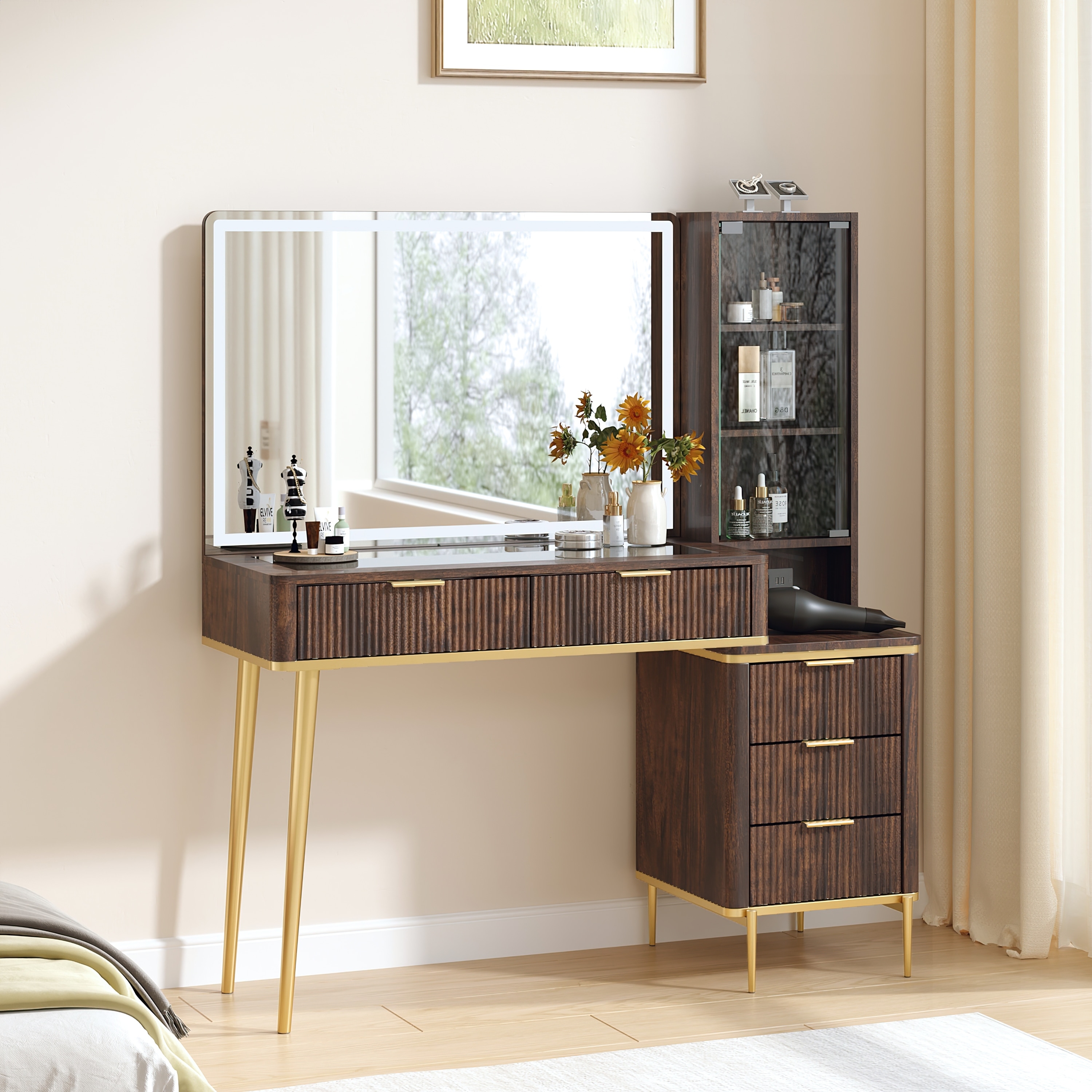 Modern Fluted Makeup Vanity Desk with Lighted Mirror, Dressing Table