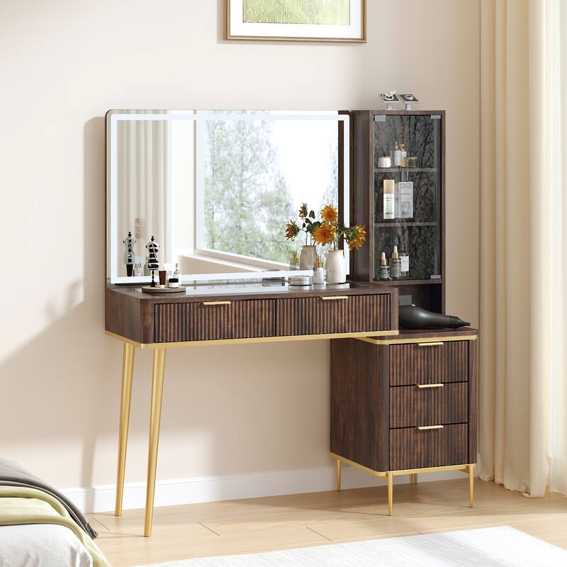 Modern Fluted Makeup Vanity Desk with Lighted Mirror, Dressing Table - Brown