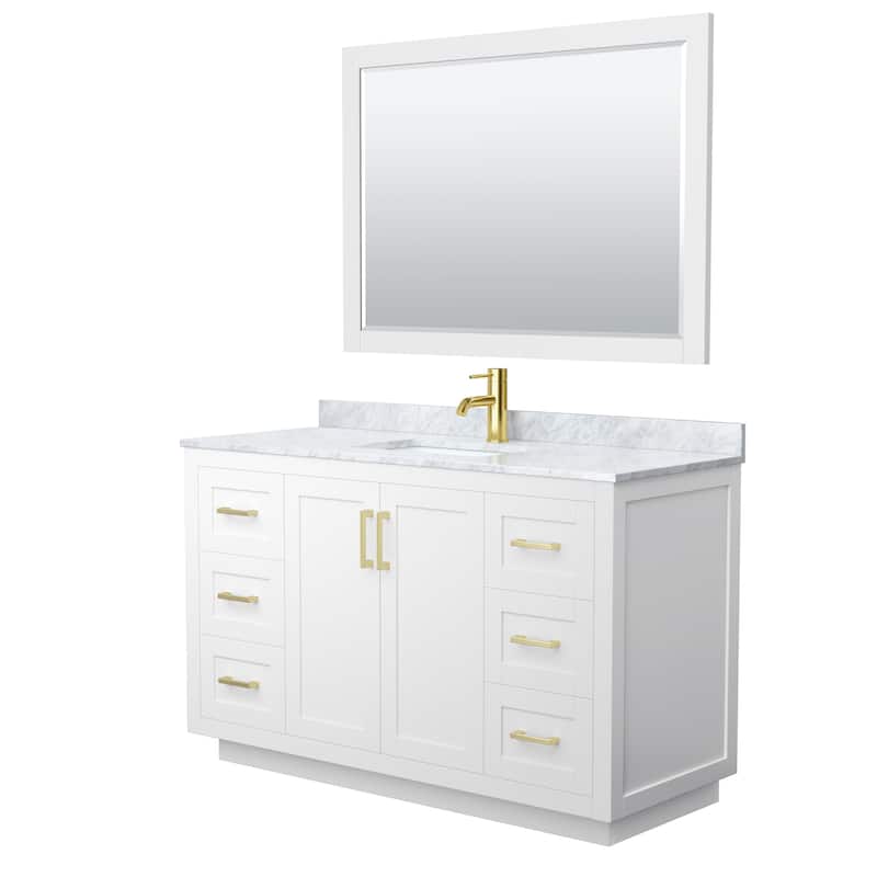 Miranda Single Vanity Set, White Carrara Marble Top, 46-Inch Mirror - 54-Inch Single - White, Gold Trim, White Carrara Marble Top