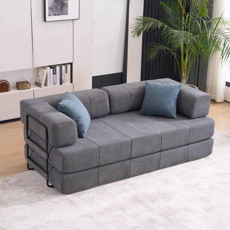 78.5" Folding Sofa Bed with 2 Pillows, Convertible Foam Futon Couch, Corduroy Fold-Out Couch for Living Room, Office