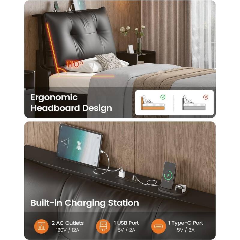 Floating Bed Frame Removable Thick Soft Headboard Charging Station Led Lights