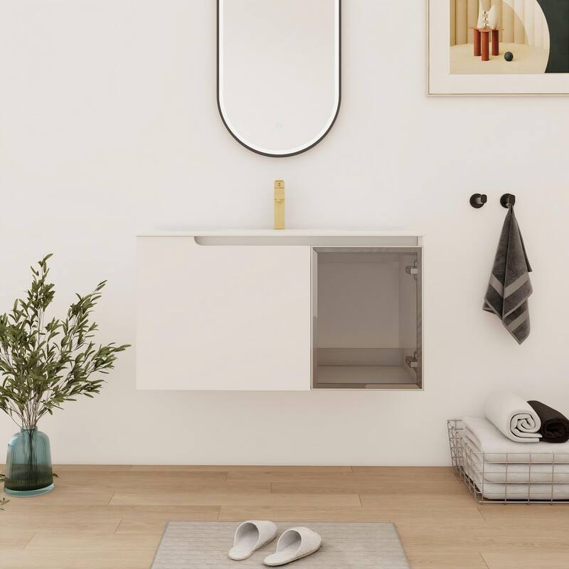 Bathroom Vanity With Sink In 24/30/36 Inch, Floating Bathroom Vanity With Soft Close Door - 35.9''W×18.3''D×19.7''H - Glossy White-Grey Glass