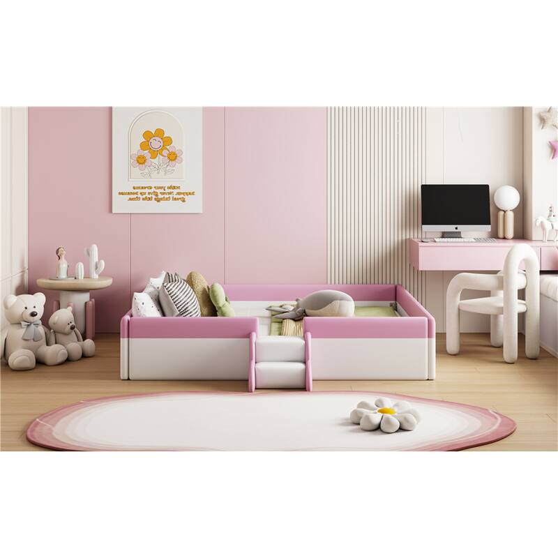 Roomfitters Twin/Full/Queen/King Size Upholstered Daybed Frame with Safety Fence and Stairs, PU Fabric Platform Bed with Slats