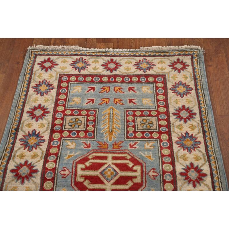 Light Blue Kazak Runner Rug Hand-Knotted Oriental Wool Carpet - 2'7" x 13'0"