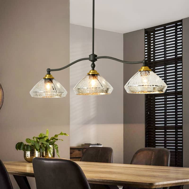 3-Light 39" W Industrial Black Linear Island Lights with Antique Brass Color Dome Glass Shade for Kitchen, Dining Room