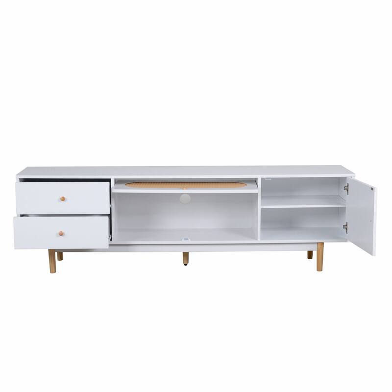 Modern Minimalist TV Stand, for TVs up to 80 Inches with 2 Drawers and Rattan Panel, for Living Rooms and Bedrooms