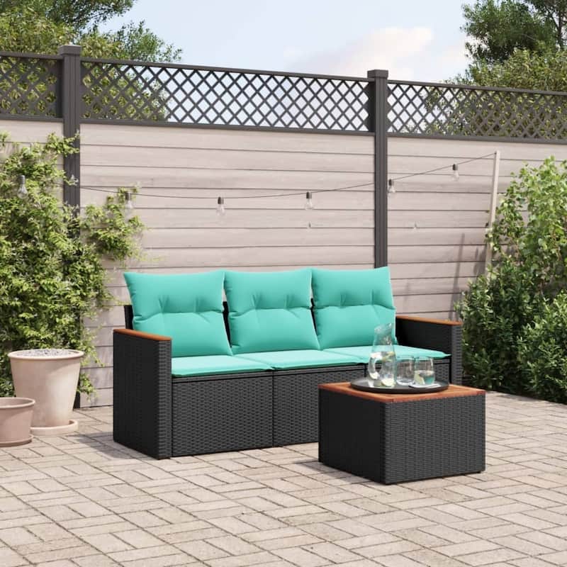 vidaXL 4 Piece Patio Sofa Set with Cushions Black Poly Rattan - 21.7 x 24.4 x 27.2
