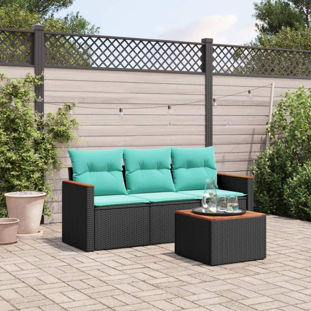 vidaXL 4 Piece Patio Sofa Set with Cushions Black Poly Rattan - 21.7 x 24.4 x 27.2