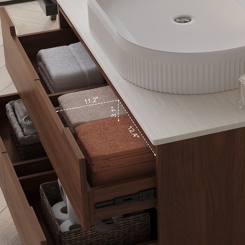 36 inch Bathroom Vanity, Freestanding or Wall Mounted with Ceramic Integrated Sink & Soft-Close Drawers - Walnut,White