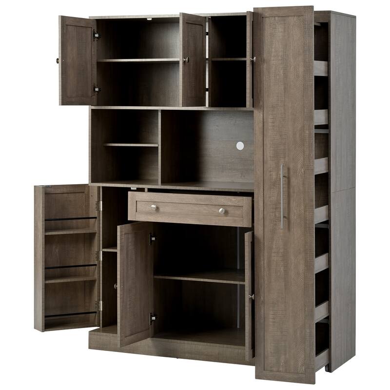 Roomfitters Traditional Buffet with Hutch, 52.8" Freestanding Kitchen Pantry Cabinet with Pull-Out Side Cabinet and Storage