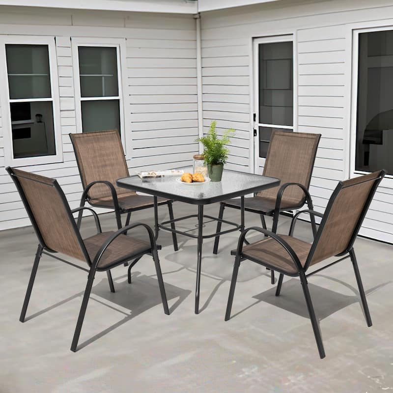 5-Piece Outdoor Dining Set, Textilene Stackable Chairs and Umbrella Hole