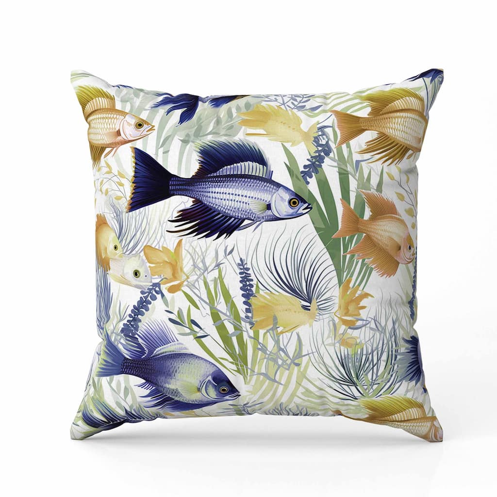 Fish paradise Indoor/Outdoor Reversible Throw Pillow Gold and Blue