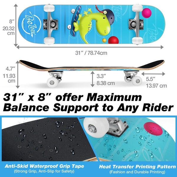 31 x 8 inch Complete Skateboard for Kids Teens Adults