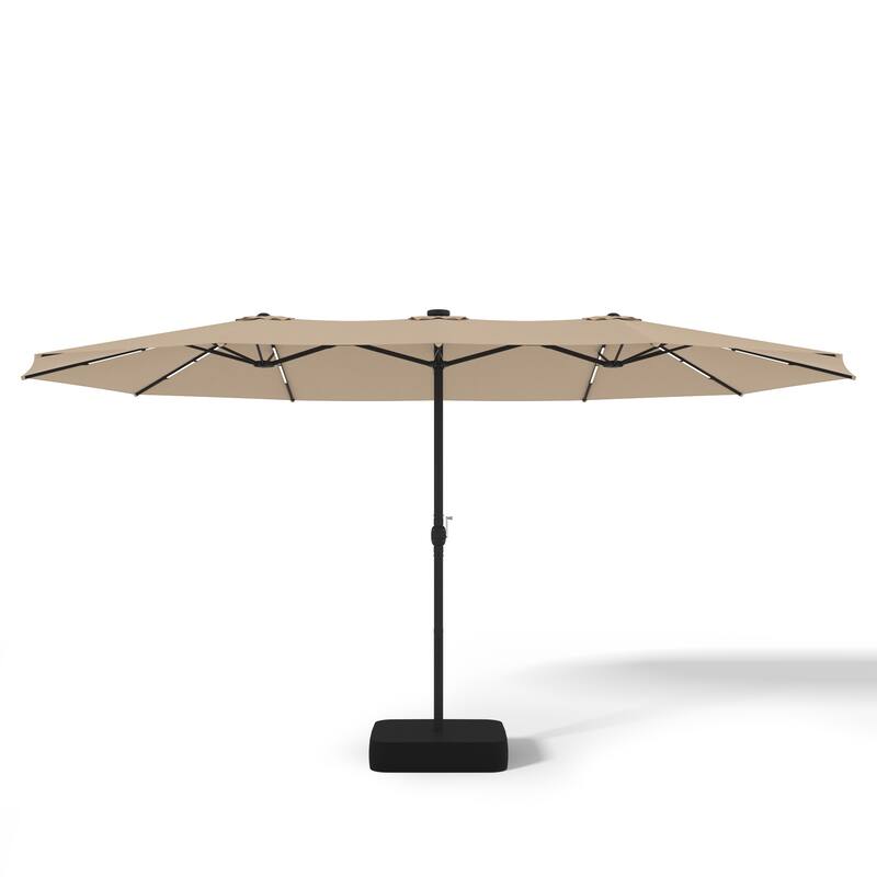 15FT Solar LED Double-Sided Patio Umbrella with Base, 12 Light Strips, 2000mAh