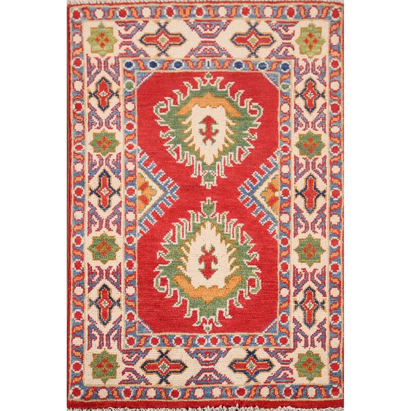 Hand Knotted Oriental 100% Wool Carpet Traditional Geometric Red Kazak Area Rug - 2' 11'' X 1' 11''