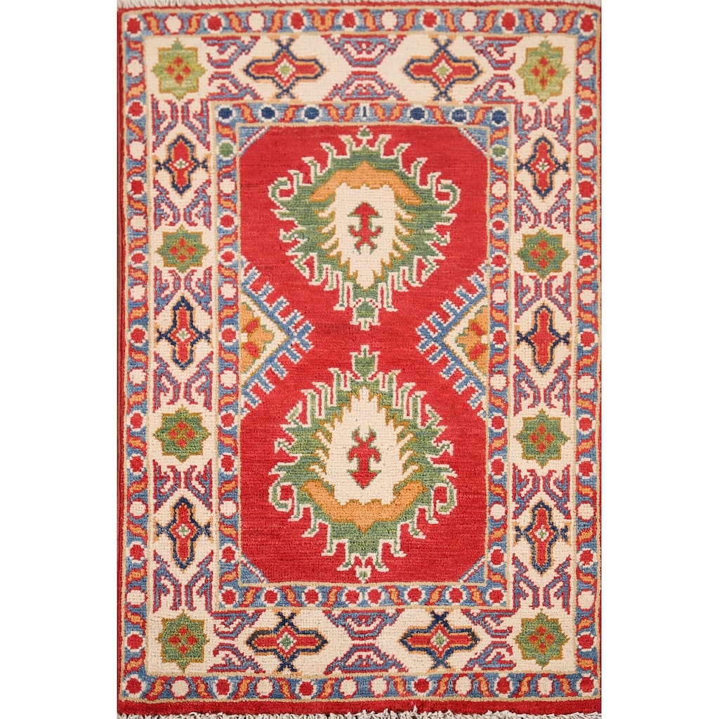 Hand Knotted Oriental 100% Wool Carpet Traditional Geometric Red Kazak Area Rug - 2' 11'' X 1' 11''