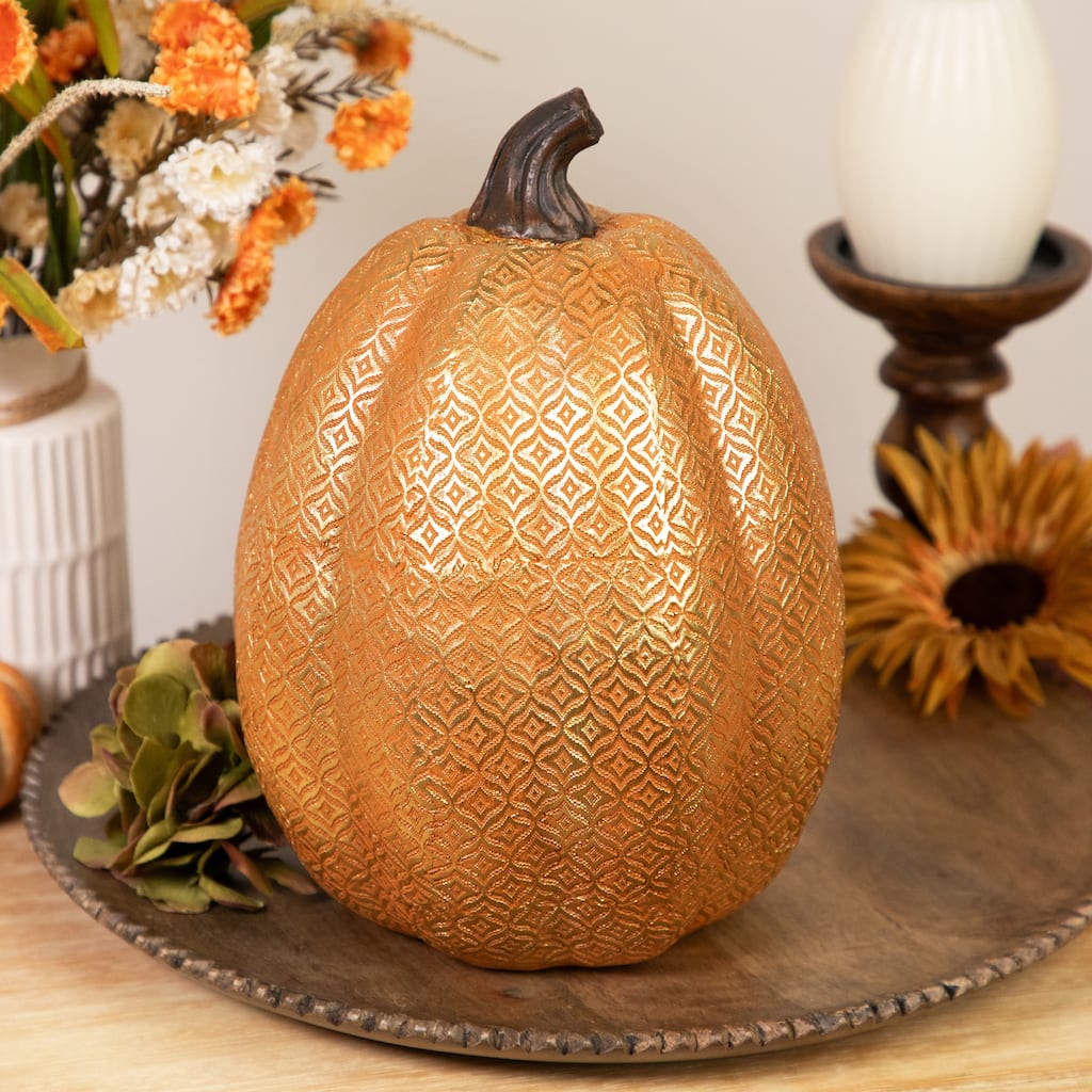 9.75-Inch Gold and Orange Textured Pumpkin Fall Decoration