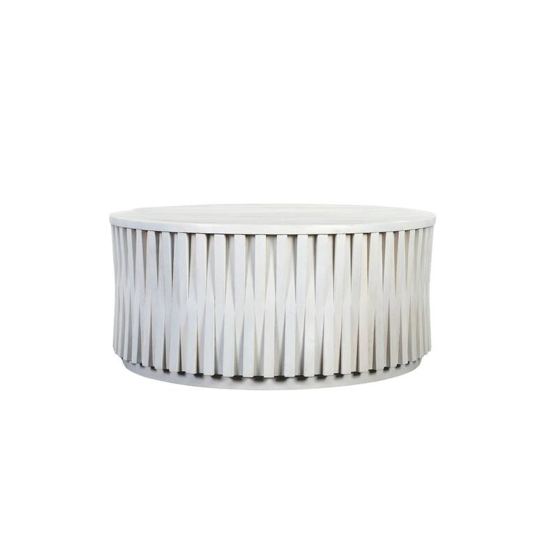 40" White Wooden Coffee Table - Round Shape Hi-Lo Vertical Woven Slats Accent Table