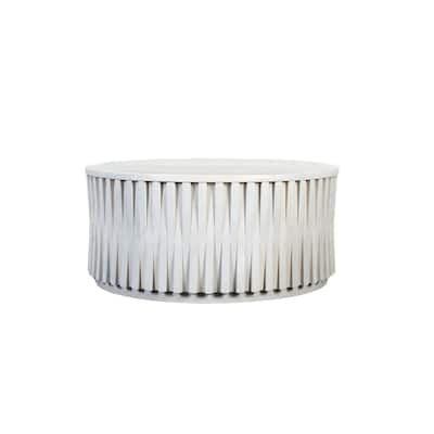 40" White Wooden Coffee Table - Round Shape Hi-Lo Vertical Woven Slats Accent Table