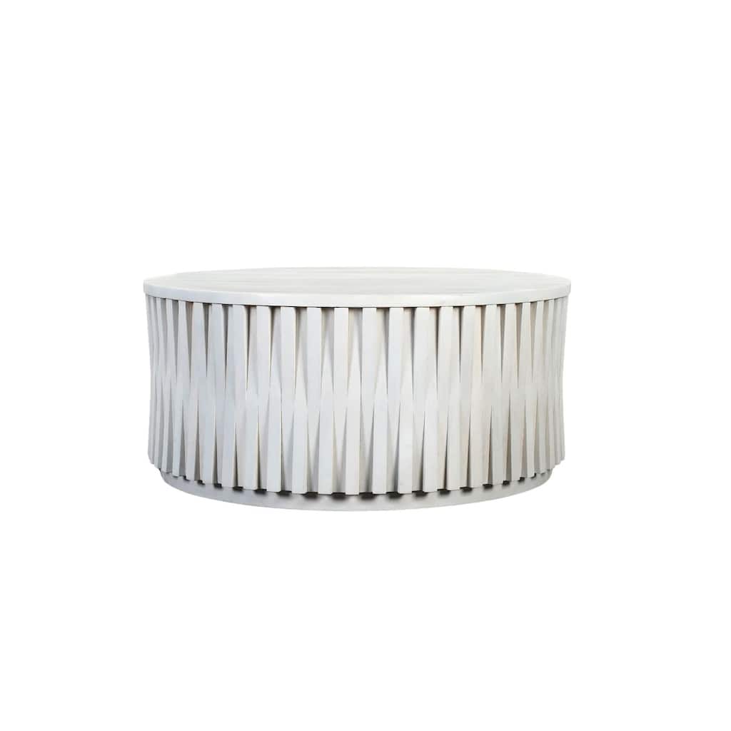 40" White Wooden Coffee Table - Round Shape Hi-Lo Vertical Woven Slats Accent Table