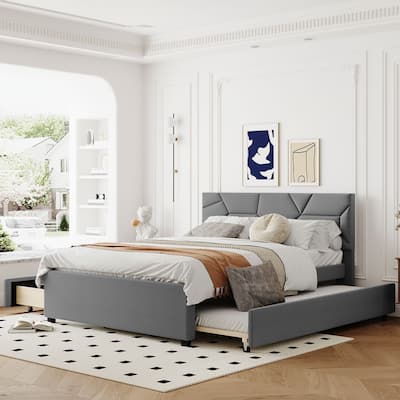 Grey Linen Queen Bed with Brick Headboard, Trundle & Drawers