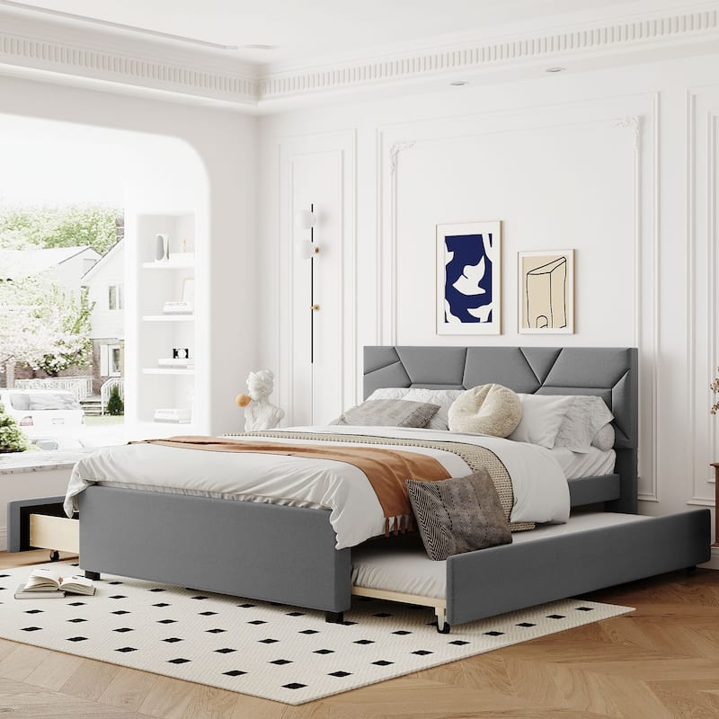 Queen Size Upholstered Platform Bed with Brick Pattern Headboard, with Twin XL Size Trundle Bed Frame and 2 Storage drawers - Grey