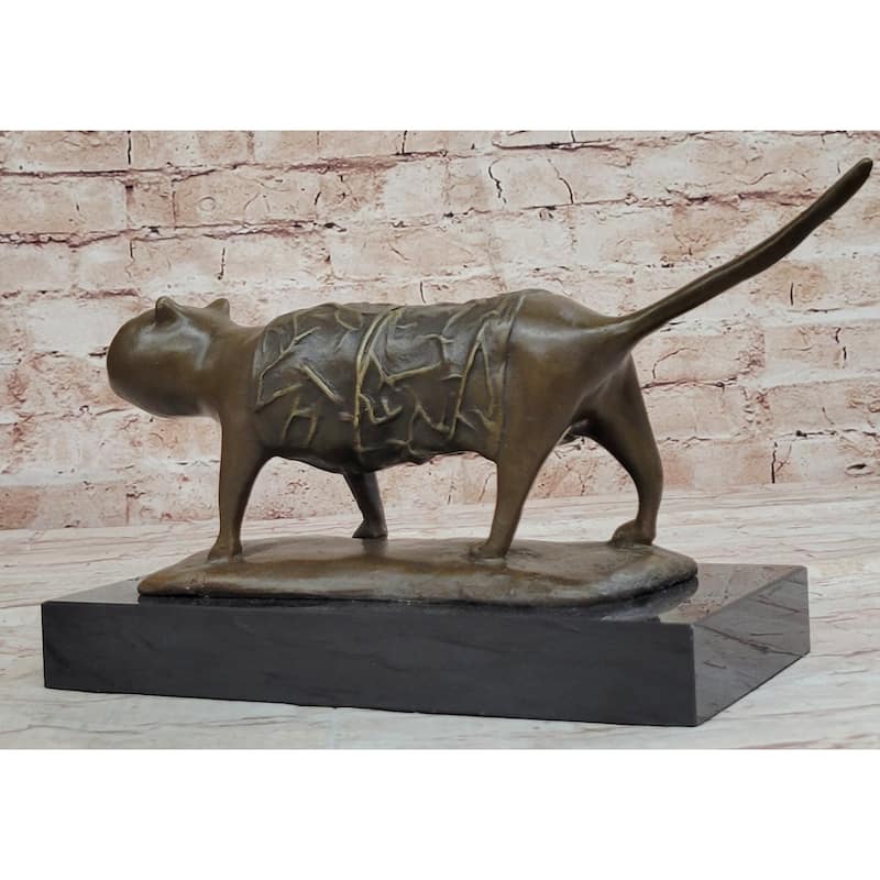 Bronze Metal Imitative Cat Sculpture Statue Figure On Marble Base After Fernando Botero