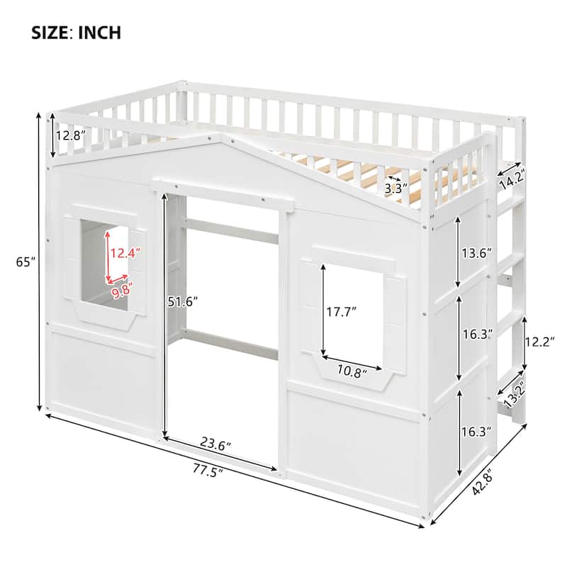 Solid Wood House Loft Bed with Ladder for Kids