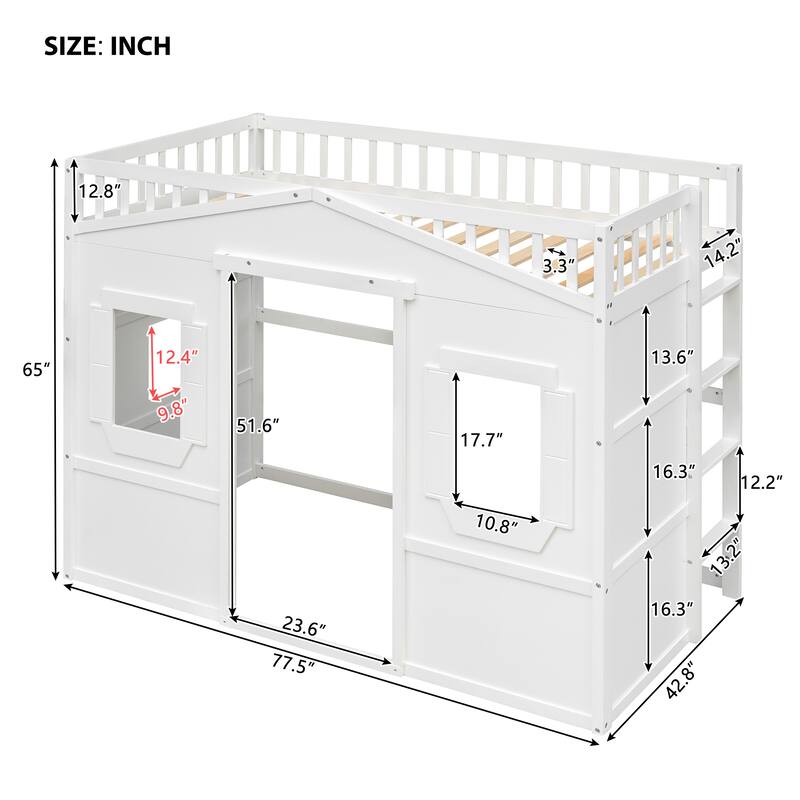 White Twin Size Loft Bed with Ladder, Solid Pine Wood Construction, Elegant Design