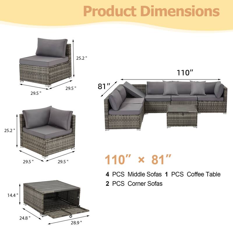 EROMMY 6/7 Piece Modular Outdoor Rattan Sofa Set, All-Weather Wicker Patio Furniture with Storage Table, Cushions & Pillows