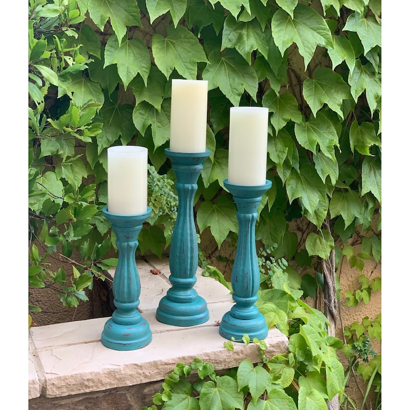 Vintage Wood Pillar Candle Holder Set of 3 On Sale Bed Bath