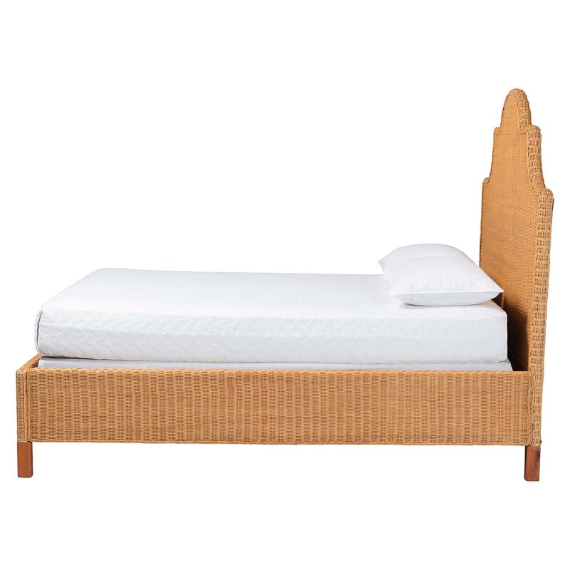 Melanie Natural Rattan Bed - Coastal Boho Bed Frame with Scalloped Headboard
