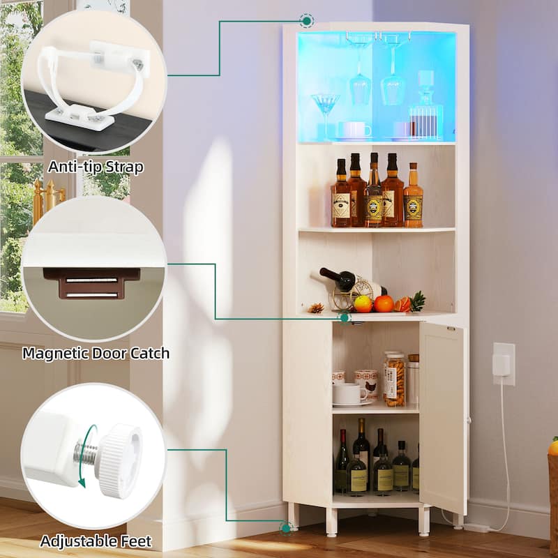 5 Tiers Corner Bar Cabinet Wine Rack Display Shelves with LED Lights and Glass Holder