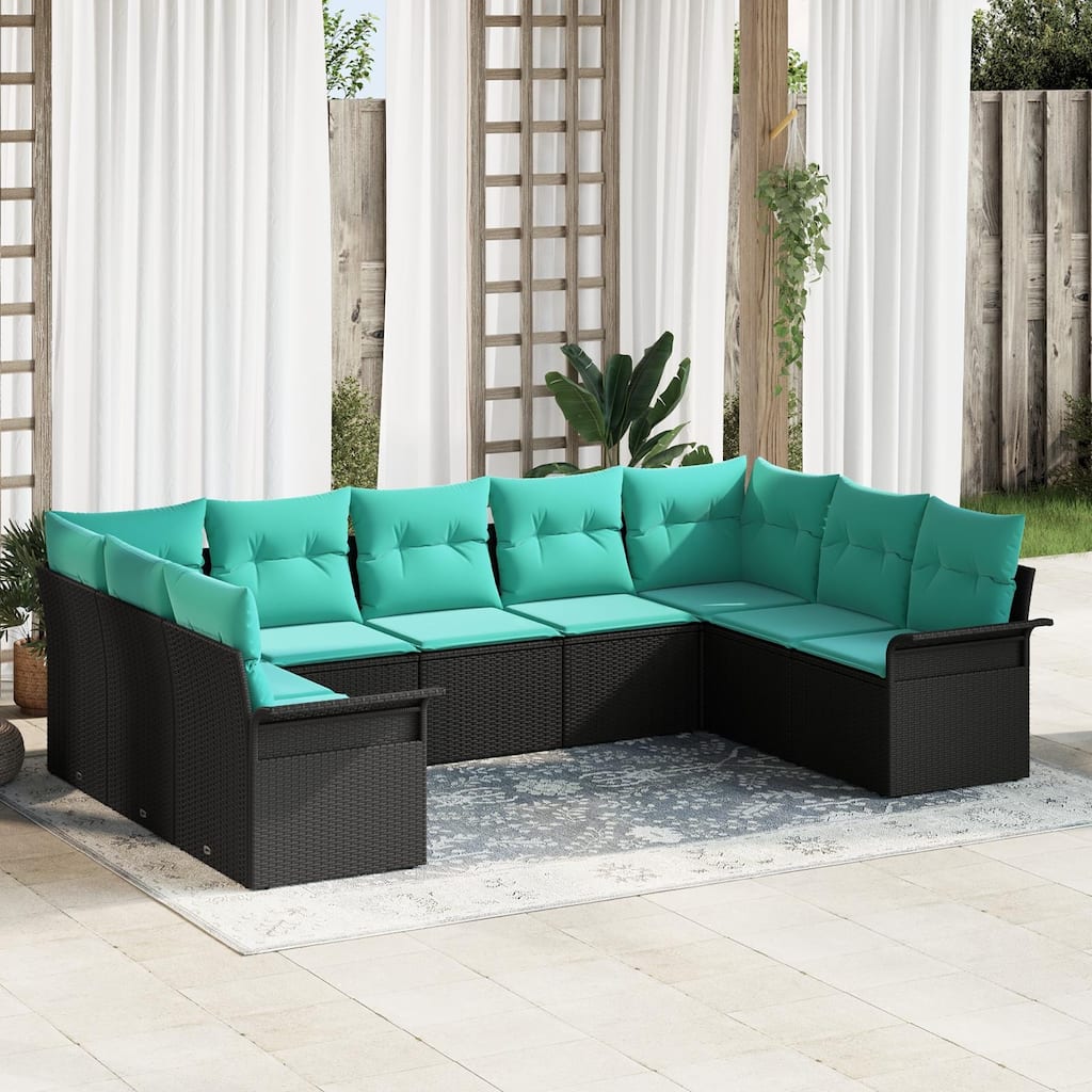 vidaXL 10 Garden Sofa Set with Cushions Black Poly Rattan - 113.8 x 52.2 x 27.2