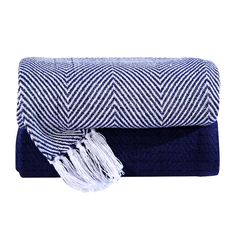Handwoven Luxurious Cotton Sofa Couch Bed Throw Blankets All Season - Set of 2 (50''x60'') - Chevron Navy