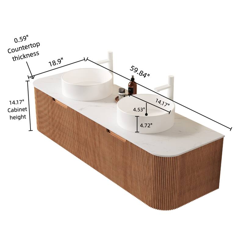 GDFStudio - Dina 60" Floating Bathroom Vanity with Striped Curved Drawers & 2 White Round Ceramic Basins, WITHOUT Faucet