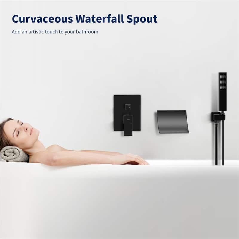 Wall Mounted Tub Faucet with Hand Shower Waterfall Tub Filler Single Hnadle Bathtub Faucet Matte Black