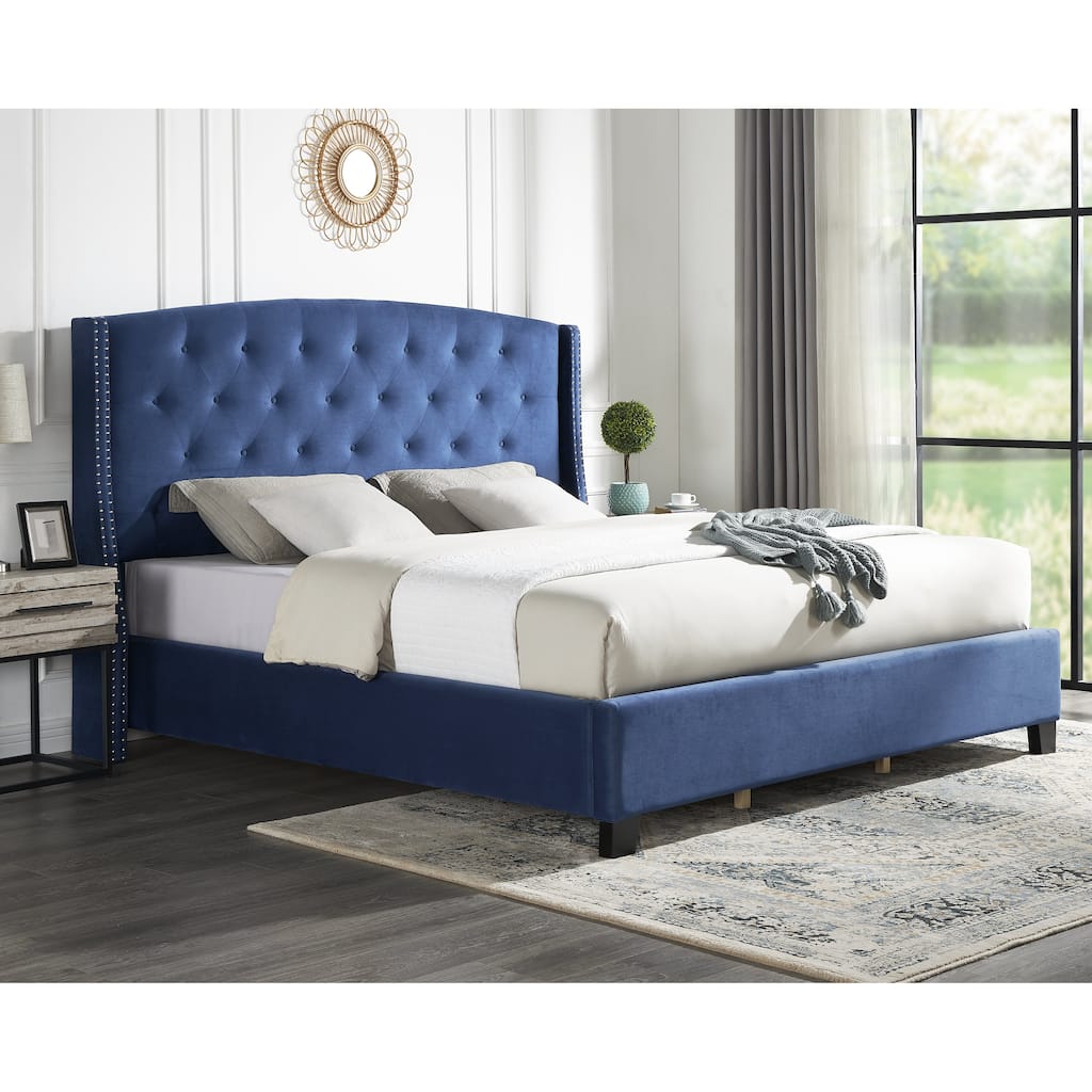 Upholstered Polyester Platform Bed with Summit Fabric Button Tufted Wingback and Nail Head Trim