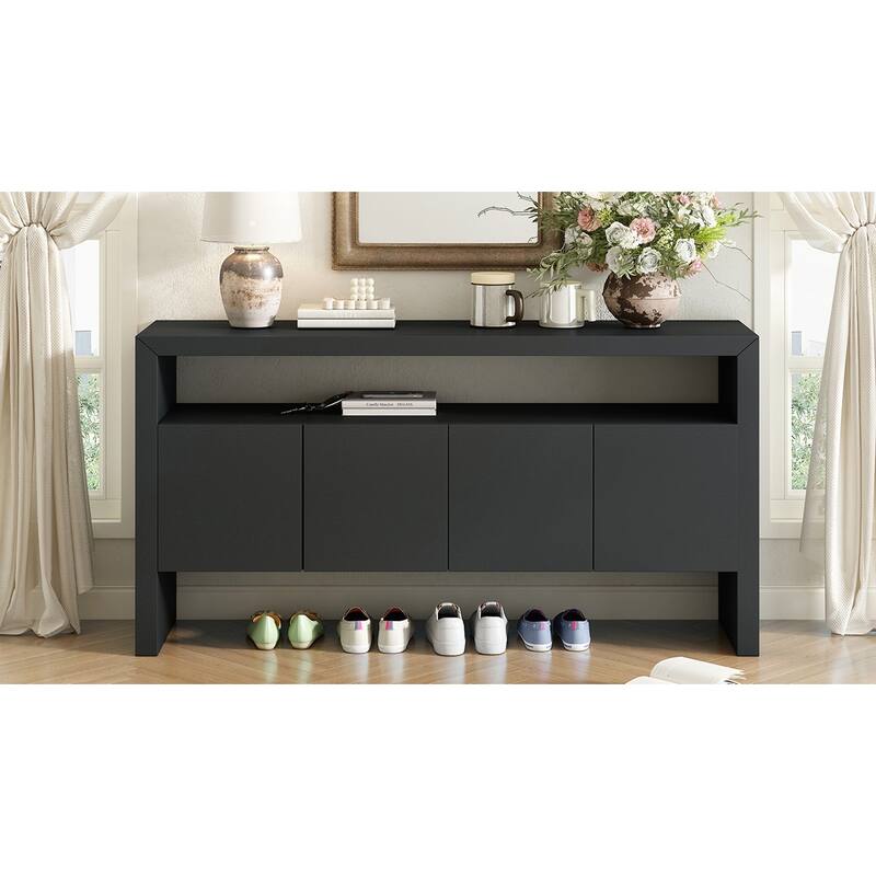Modern Minimalist Solid Wood Veneer Sideboard with Open Shelf