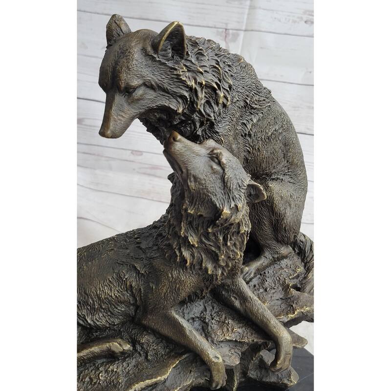 Two Wolves Wolf Family Bronze Metal Sculpture Statue On Marble Base 14 Inches X 14 Inches