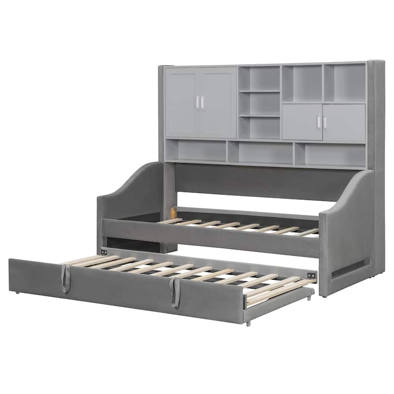 Convertible Twin Daybed with LED Armrests, Storage Shelving & Pop-Up Trundle by Harper&Bright Designs