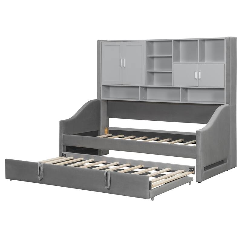 Roomfitters Twin Upholstered Daybed with Storage Shelves, Cabinets, Pull-Out Lift-Up Trundle and Armrest Lights