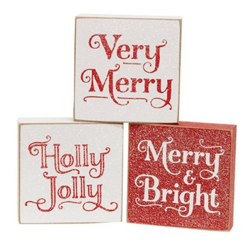 Frosted Very Merry Wooden Square Blocks for Christmas Decor- 3 Asstd. - 3" x 0.75" x 3" - White-Red