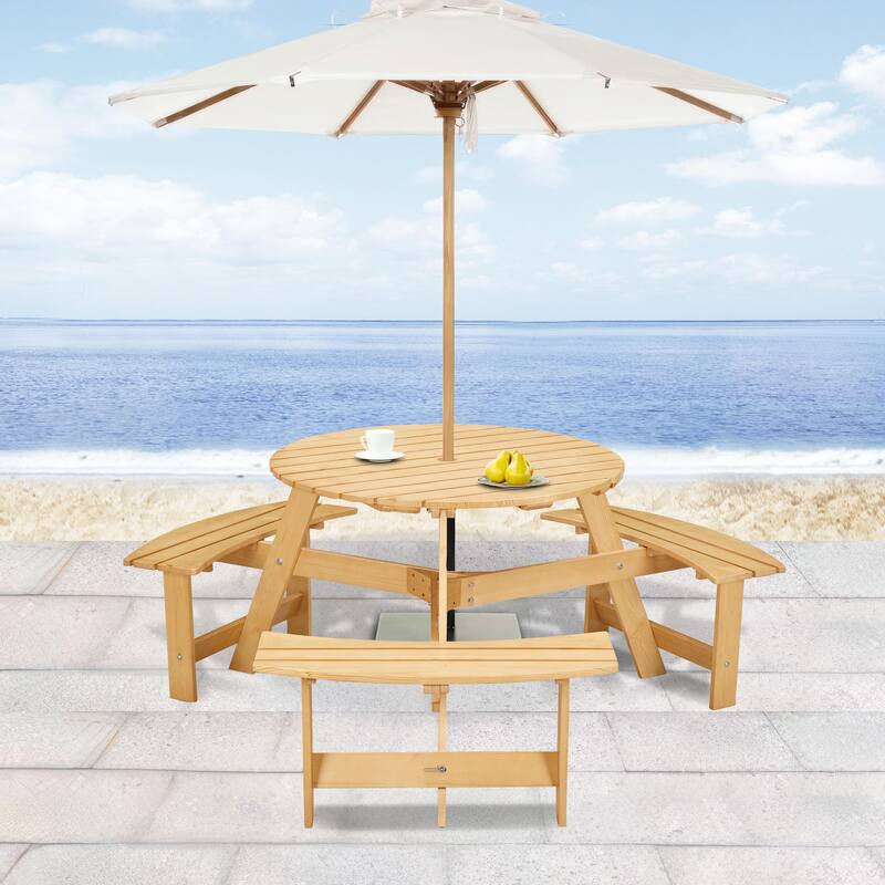 Outdoor 6 Person Round Picnic Table with Bench, Umbrella Hole for Garden, Backyard, Porch, Patio