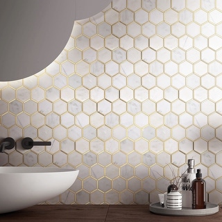 TileGen. Natural Bianco 3" x 3" Honeycomb Hexagon Metal and Marble Mosaic Tile in Gold/White Wall Tile (10 sheets/9.7sqft.)
