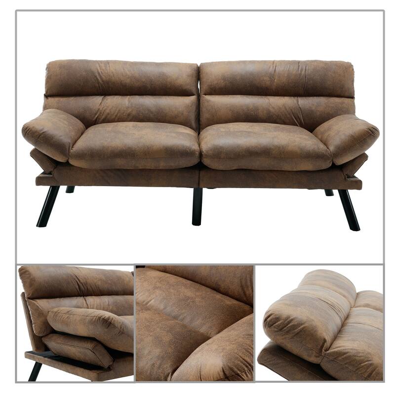 Modern style sofa futon with adjustable backrest and adjustable armrests, metal legs for bedroom living room flat dormitory