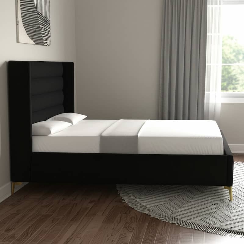 HomeRoots Green Velvet Upholstered Full Bed Frame - Queen - Black