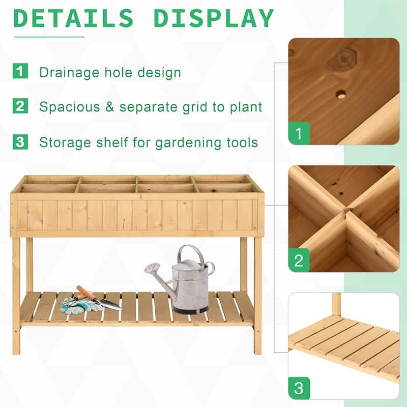 Raised Garden Bed with 8 Pockets and Shelf, Wooden Elevated Box with Legs to Grow Herbs, Vegetables, and Flowers, Natural