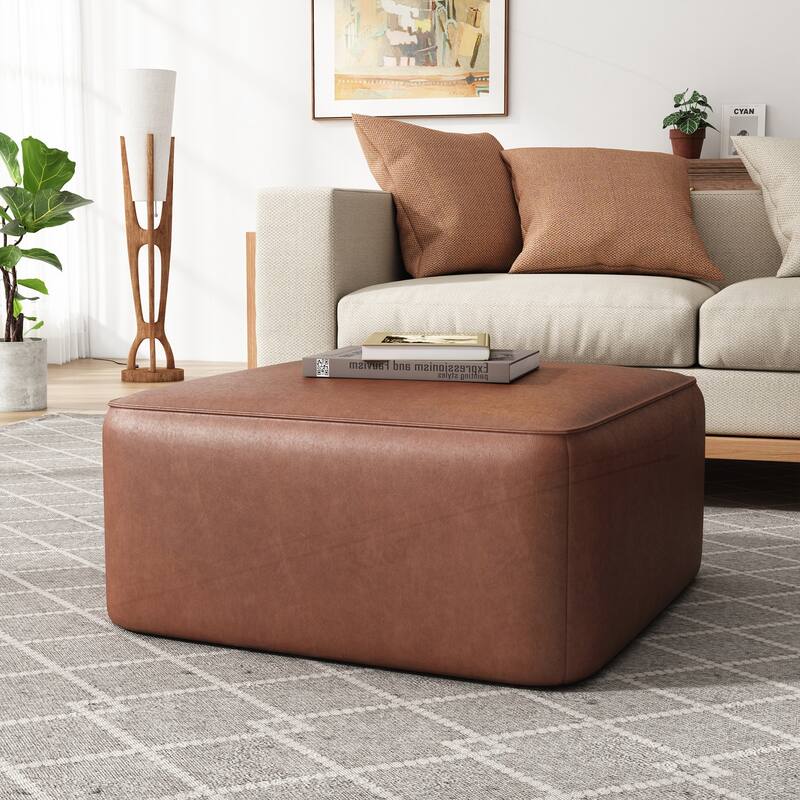 Square PU Leather Ottoman - Light Brown