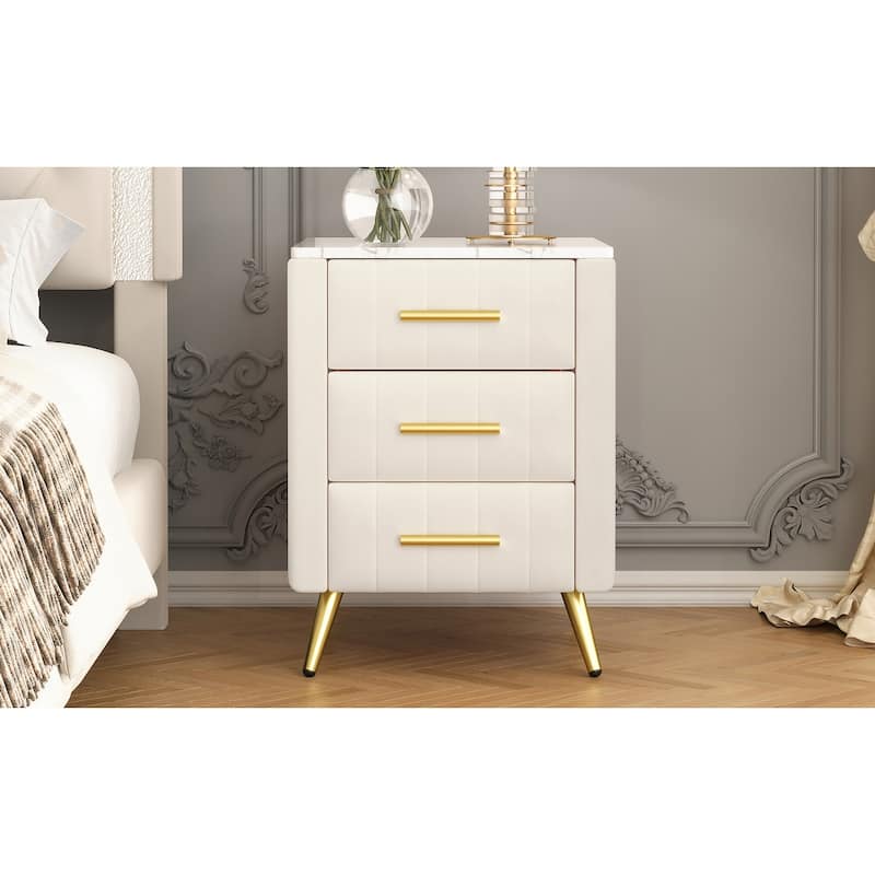 Nightstand with 3 Storage Drawers, Velvet Nightstand with Faux Marble Top, Sofa Side Table with Metal Legs and Handles
